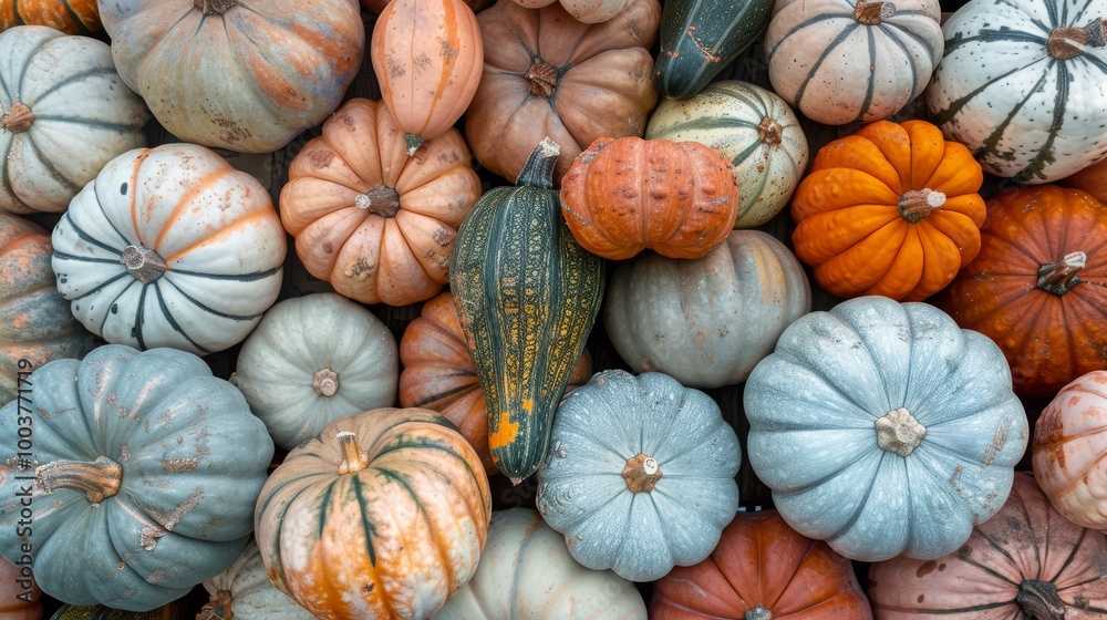 A cluster of pumpkins and gourds in various shapes and colors A cluster of pumpkins and gourds in various shapes and colors