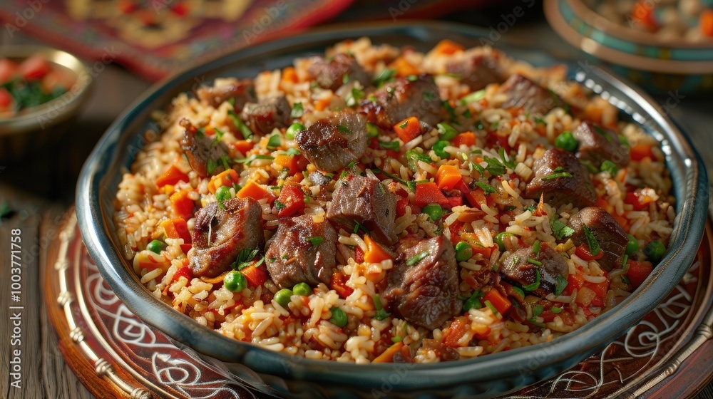 Uzbek Pilaf with lamb meat in large dish Traditional oriental cuisine national food fragrant rice called pilaf with lamb meat and vegetables Pilaf is traditional food at Central Asia