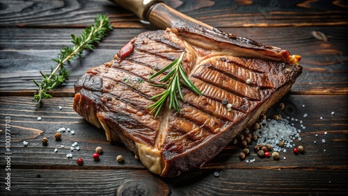 Juicy T bone steak with perfect sear on minimalist background