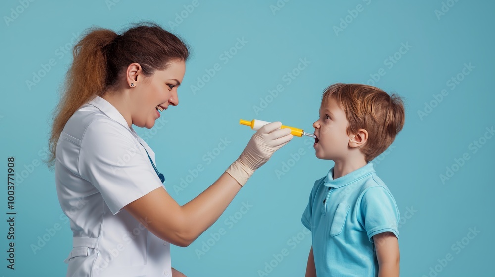 dedicated nurse in a white uniform and gloves administers yellow medicine to a child on a blue background, capturing a professional side view that highlights the care dedicated nurse in a white uniform and gloves administers yellow medicine to a child on a blue background, capturing a professional side view that highlights the care