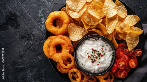 Top view of a snack selection with chips onion rings and dip on a black plate photo