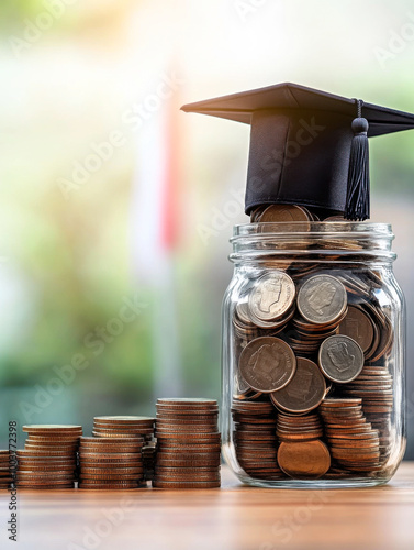 Scholarship concept. Coins and graduation cap on grey table against blurred background