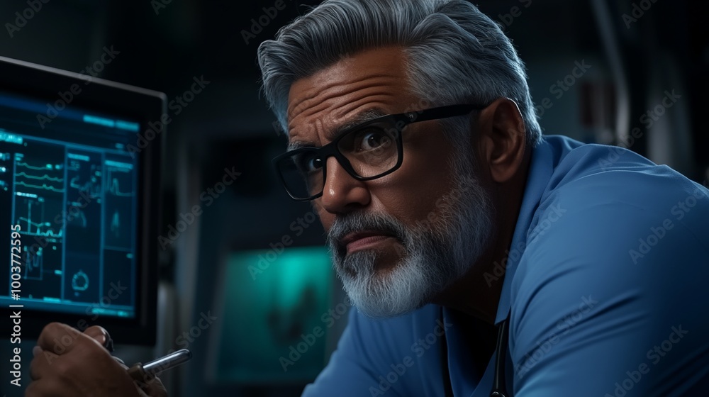 Focused Senior Programmer: A pensive portrait of a mature, grey-haired programmer intensely focused on his computer screen, pen in hand, in a dimly lit technological setting. Conveying expertise. Focused Senior Programmer: A pensive portrait of a mature, grey-haired programmer intensely focused on his computer screen, pen in hand, in a dimly lit technological setting. Conveying expertise.