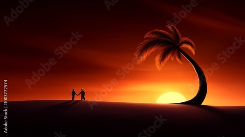 Sunset Romance: Silhouettes of a couple holding hands, gazing at a vibrant sunset behind a palm tree. A romantic and serene scene. 