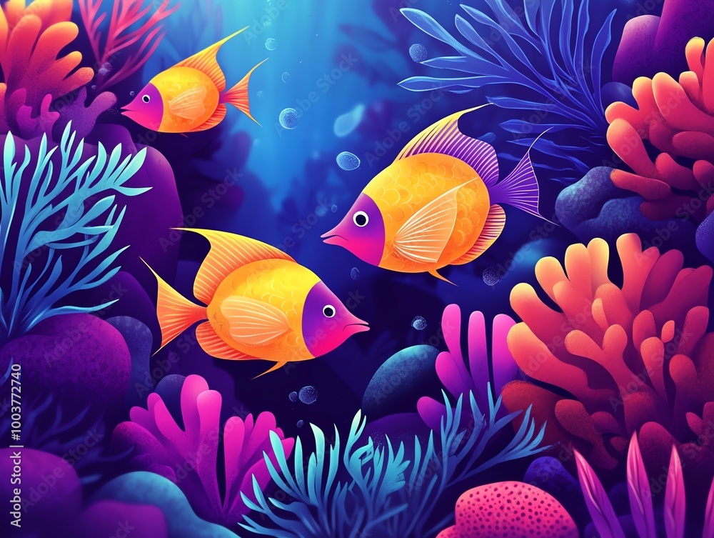 Fototapeta premium Three yellow fish with pink accents swim among vibrant coral reefs in a blue ocean.