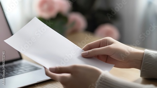 Female hands holding blank paper near laptop in calm office