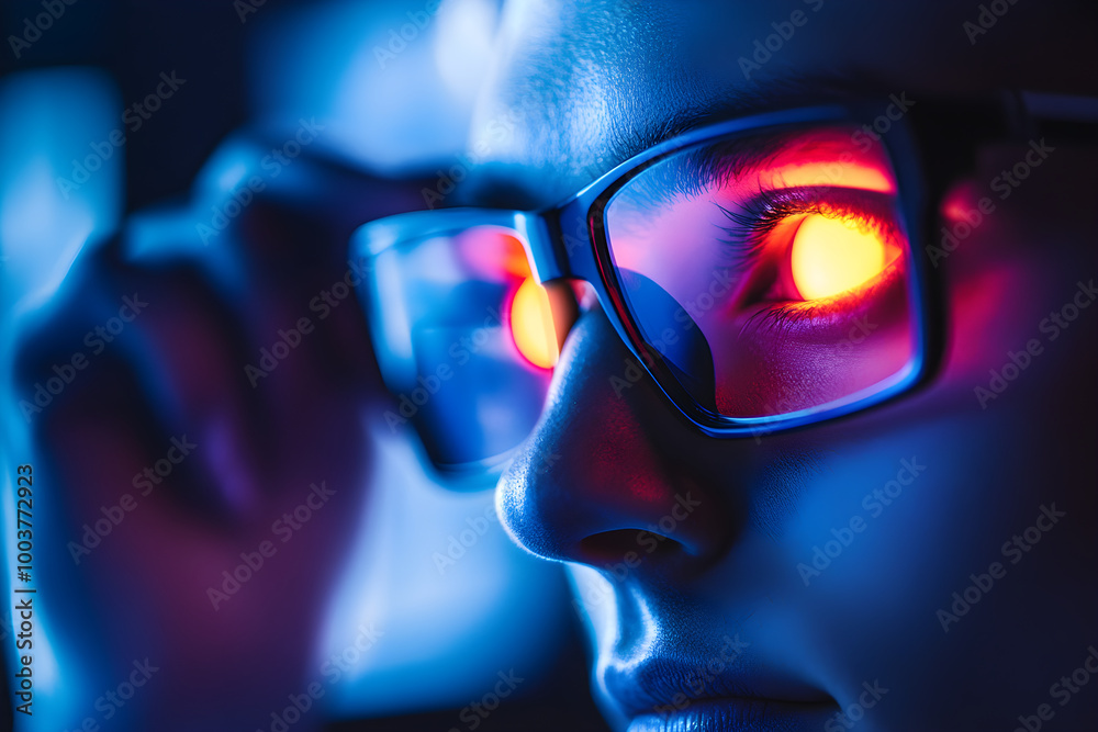 Eye Care for Prolonged Computer Use: A Person Wearing Blue Light Glasses with Symbol of Healthy Eyes. Eye Care for Prolonged Computer Use: A Person Wearing Blue Light Glasses with Symbol of Healthy Eyes.