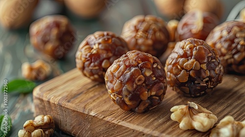 Energy bites made from dried dates and walnuts Healthy vegan sweets photo