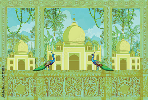 Adobe Illustrator ArtworkTraditional Mughal temple lattice wall peacock tree pattern illustration, Indian Mughal hand drawn floral garden with arch and peacock illustration for invitation