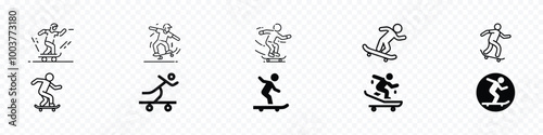 Person on skateboard line outline icon, Skateboard icon, Skateboard Side View Icon, Skateboard icon 