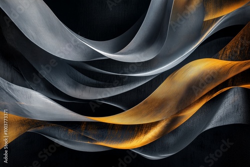 Dynamic abstract lines in metallic silver and gold, crossing over a dark, textured background.