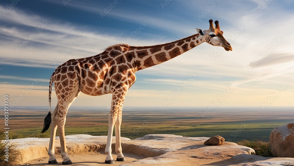 Obraz premium This breathtaking photograph captures a giraffe standing tall on a rocky outcrop, gazing out over the vast expanse of the African savannah below. 