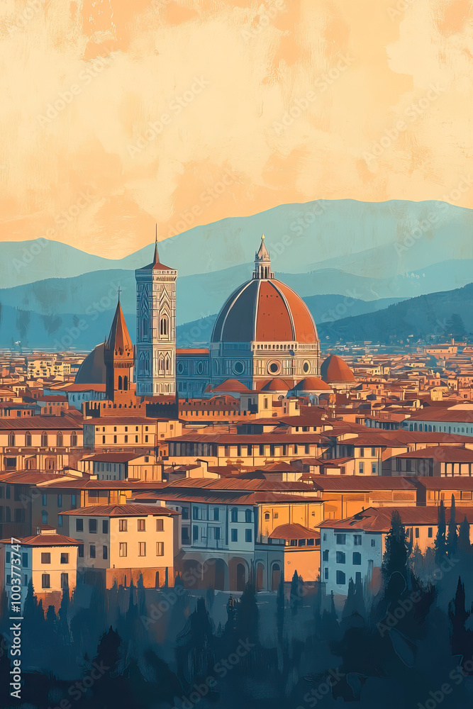 Obraz premium Giclee print travel poster, card, wallpaper or banner illustration, modern, clear and simple of Florence, Italy. Artistic, stylistic, screen printing, graphic design
