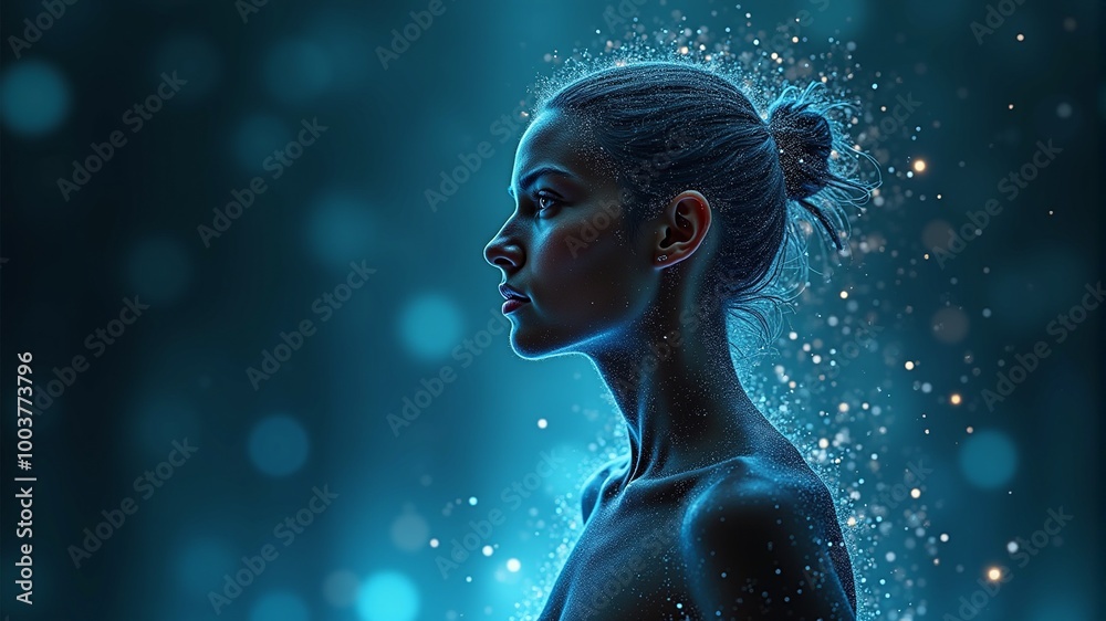 a woman on a blue background with glowing lights above her head a woman on a blue background with glowing lights above her head