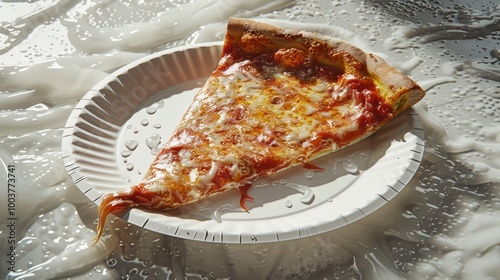 Close up of Greasy Pizza plain Cheese on a paper plate sitting on a white table photo