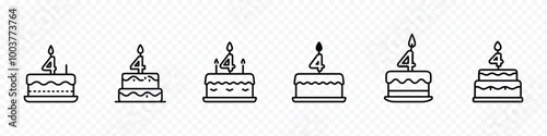  Four Year Celebration Events cake icon, Cake icon vector set. Outline pie with candles symbol, birthday cake icon set, Simple birthday cake icon, Birthday cake icon set