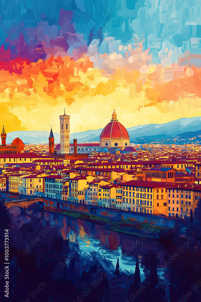 Fototapeta premium Giclee print travel poster, card, wallpaper or banner illustration, modern, clear and simple of Florence, Italy. Artistic, stylistic, screen printing, graphic design