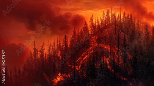 Hill with trees about to burn in red orange wildfire