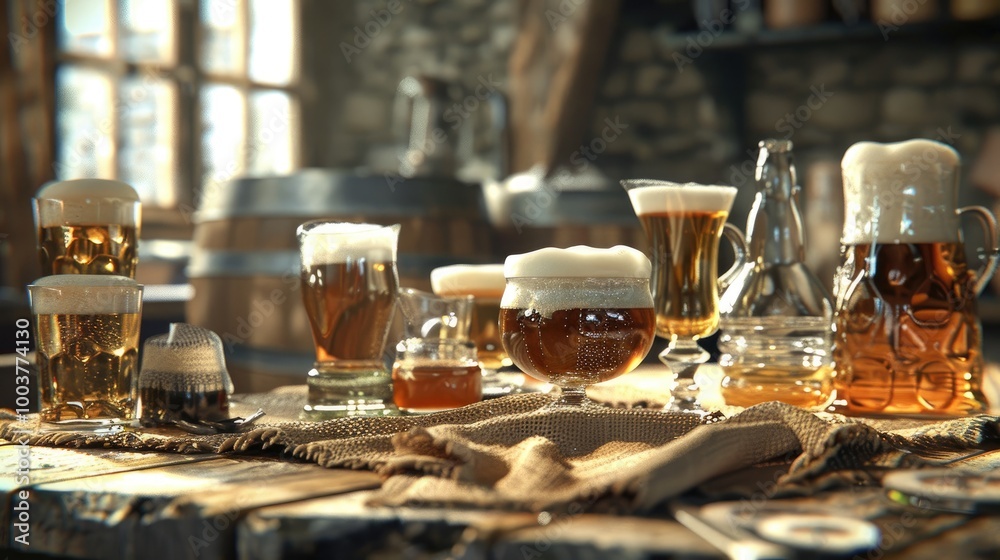 Assortment of beer glasses on table with burlap cloth Assortment of beer glasses on table with burlap cloth