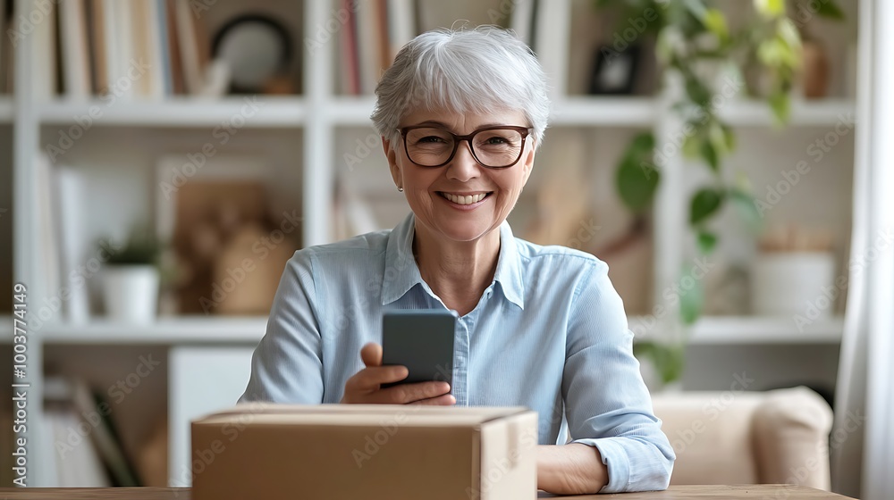 Elderly woman smiling at phone with delivery package in front Elderly woman smiling at phone with delivery package in front