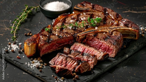 Dry Aged Barbecue Porterhouse Steak T bone beef steak sliced with large fillet piece with herbs and salt American meat restaurant