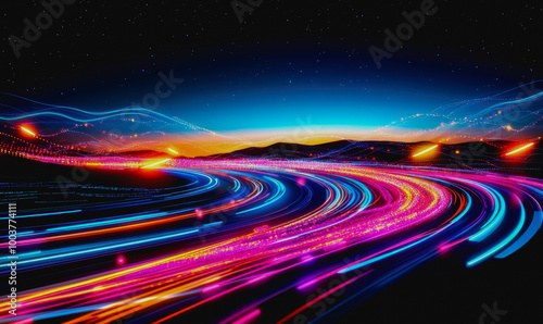 Futuristic communication landscape at dusk with satellite dishes and cosmic backdrop