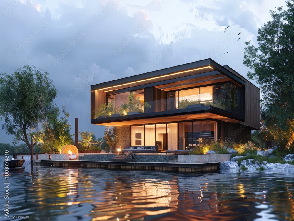 Modern house by the river at evening. Modern house by the river at evening.
