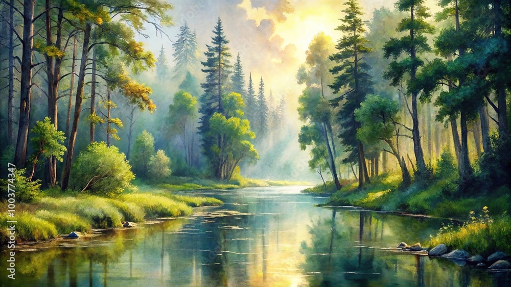 landscape painting of a forest river during morning landscape painting of a forest river during morning