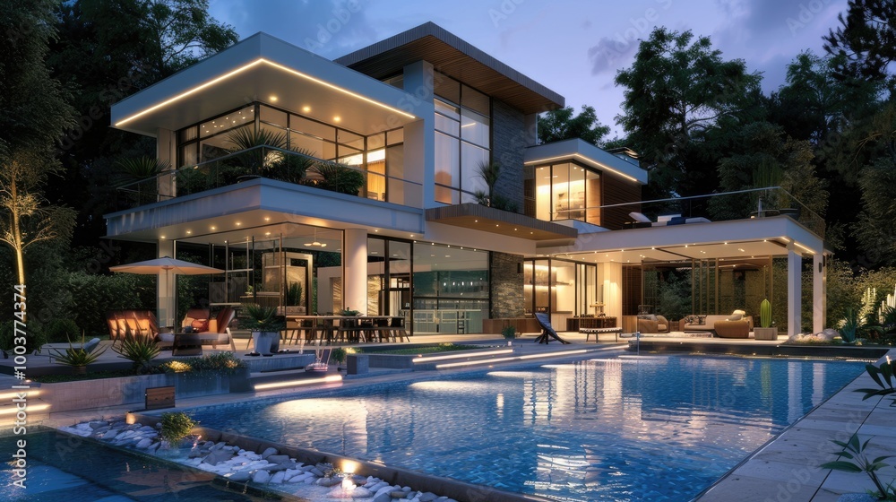Fototapeta premium Luxury modern house with pool, evening.