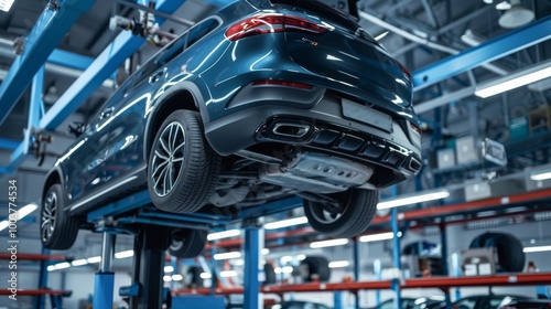 dark gray suv on a car lift in an automotive workshop, underside view, surrounded by tools and workers, blue and white walls, featuring a detailed view of the car's size and mechanical setup photo