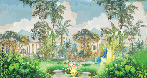 Adobe Illustrator ArtworkTraditional Mughal temple lattice wall peacock tree pattern illustration, Indian Mughal hand drawn floral garden with arch and peacock illustration for invitation