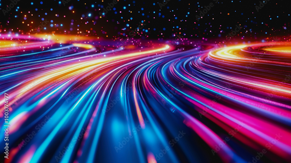 Glowing digital waves of neon light, colorful particles, and futuristic cosmic landscape Glowing digital waves of neon light, colorful particles, and futuristic cosmic landscape
