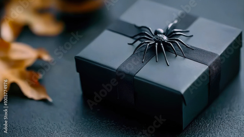 A spooky black gift box adorned with a spider, perfect for Halloween celebrations and themed parties. photo