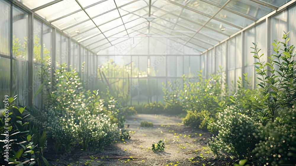 Photo of inside of empty greenhouse on a sunny day prepared for seed sowing Photo of inside of empty greenhouse on a sunny day prepared for seed sowing