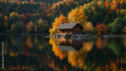 A picturesque log cabin surrounded by fall foliage reflects beautifully in a calm lake, radiating tranquility. photo