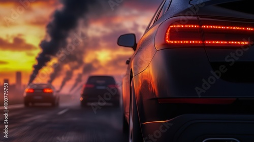 A close-up of a sleek car at sunset, with smoke rising in the background, highlighting themes of pollution and modern transportation.