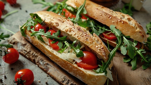 arugula sandwiches and cherry tomatoes cheese with mold breakfast snack homemade photo