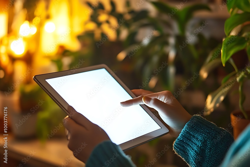 Hands using tablet at home in a relaxing evening setting Hands using tablet at home in a relaxing evening setting