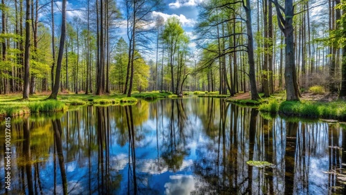 Landscape view of Belovezhskaya Pushcha Bialowieza forest in April spring photo