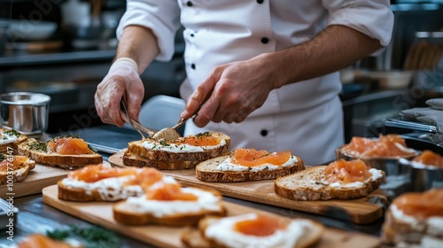 Chef Preparing Delicious Smoked Salmon Toasts