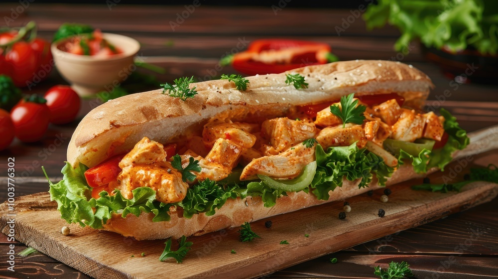 Healthy and homemade sandwich with curry chicken lettuce and peppers Sandwich with vegetables and chicken paste Healthy and homemade sandwich with curry chicken lettuce and peppers Sandwich with vegetables and chicken paste