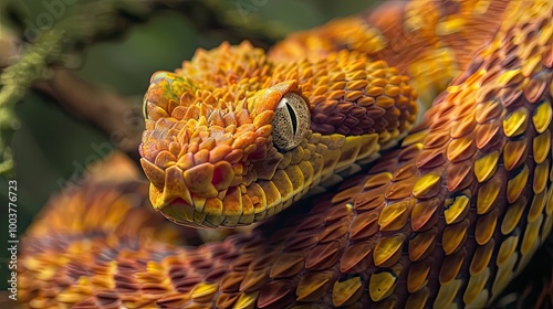 Close up of a venomous African Bush Viper snake Atheris squamigera photo