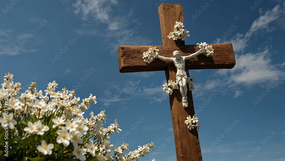 A rustic wooden cross decorated with white flowers against a calm blue backdrop. A rustic wooden cross decorated with white flowers against a calm blue backdrop.