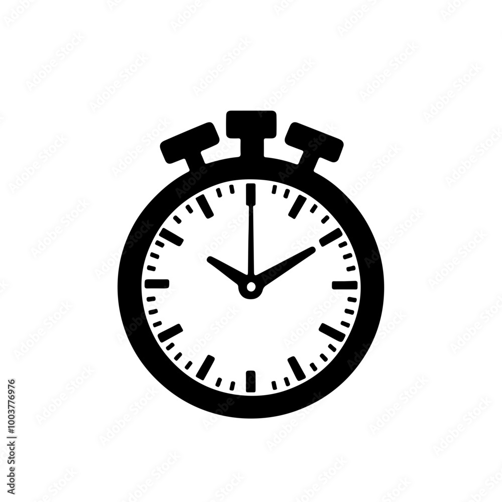 Black and white stopwatch vector icon, representing time tracking or management. Great for fitness, productivity, or business designs. Black and white stopwatch vector icon, representing time tracking or management. Great for fitness, productivity, or business designs.