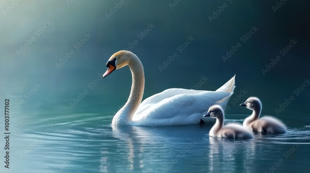 Fototapeta premium a swan swimming with two cygnets in tranquil blue water