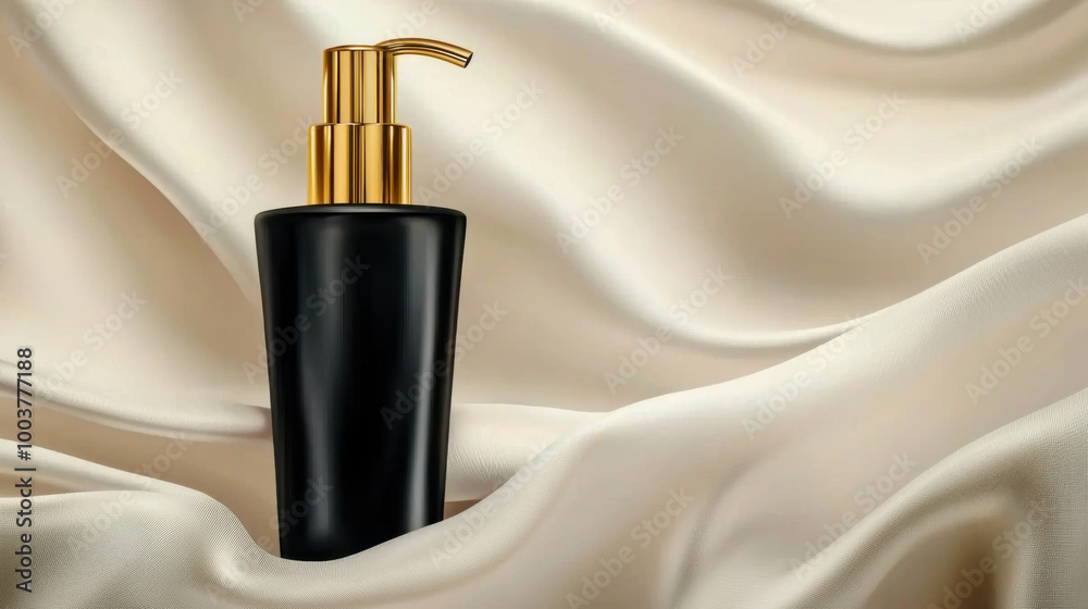 Elegant black cosmetic bottle with golden pump on soft, flowing cream fabric background Elegant black cosmetic bottle with golden pump on soft, flowing cream fabric background
