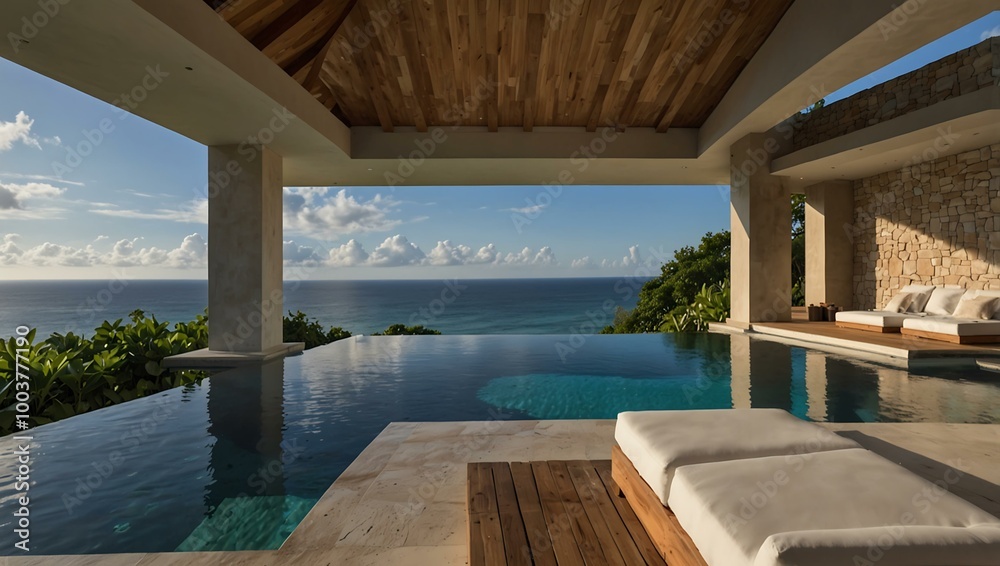 A luxurious oceanfront villa features a vast infinity pool and deck area, providing stunning ocean views. A luxurious oceanfront villa features a vast infinity pool and deck area, providing stunning ocean views.