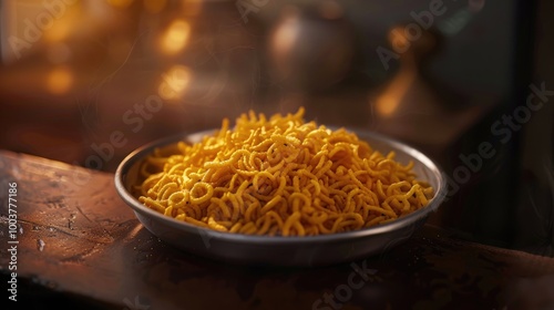 Besan sev in serving plate indian snack photo