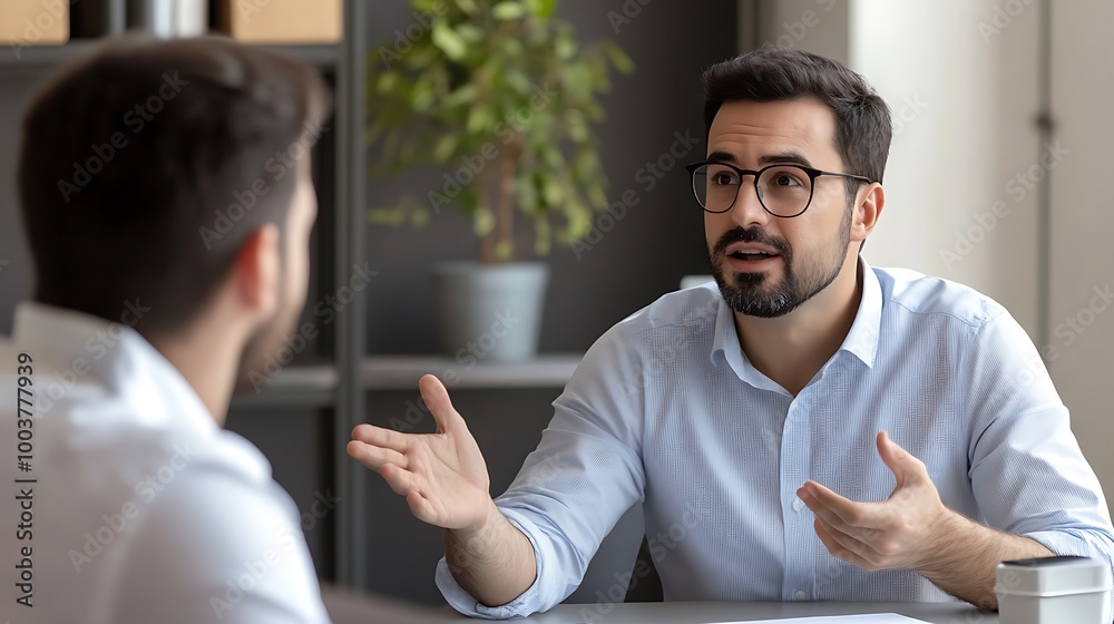 Fototapeta premium Businessman passionately explaining his ideas during a discussion at the office