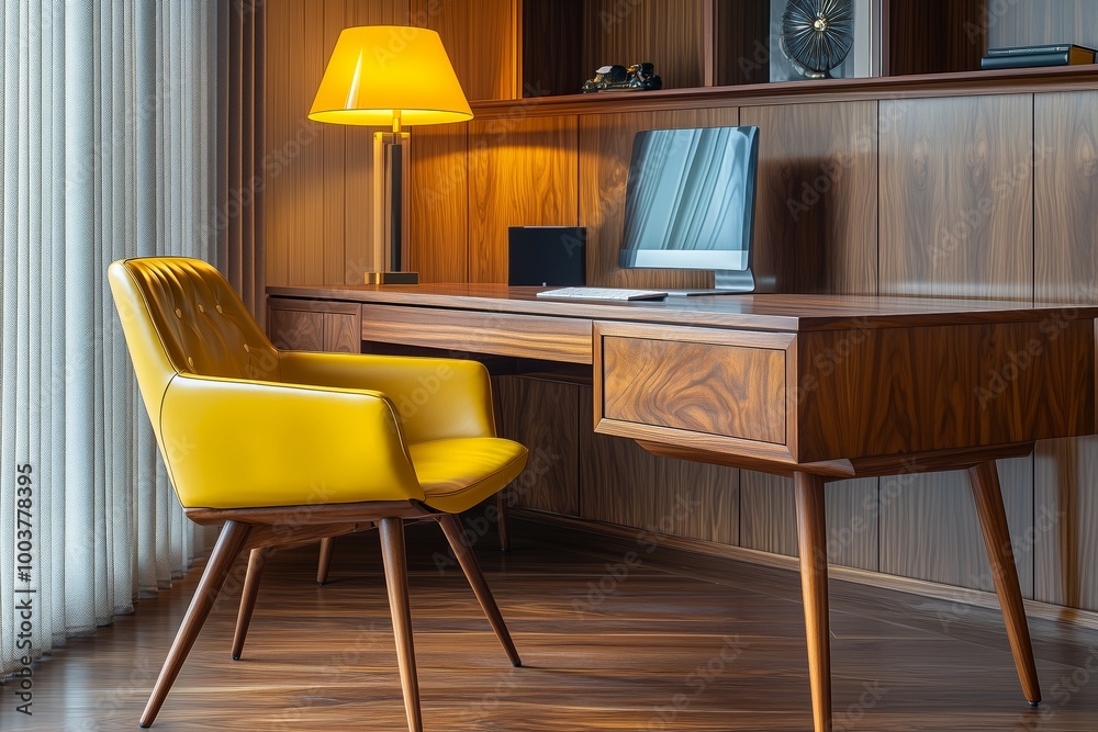 Mid century modern interior design of home office, office design Mid century modern interior design of home office, office design